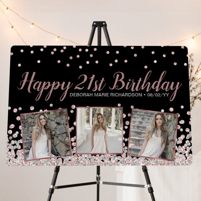 Rose Gold Silver Photo Collage 21st Birthday Foam Board (In Situ (Stand))