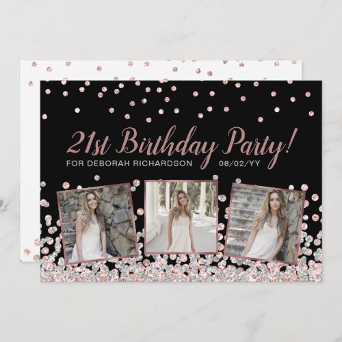 Rose Gold Silver Photo Collage 21st Birthday Invitation