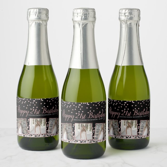 Rose Gold Silver Photo Collage 21st Birthday Sparkling Wine Label (Bottles)