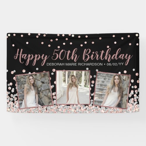 Rose Gold Silver Photo Collage 50th Birthday Banner