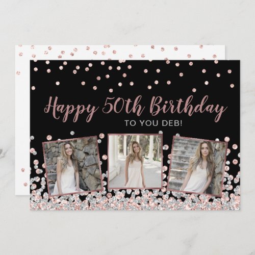 Rose Gold Silver Photo Collage 50th Birthday Card