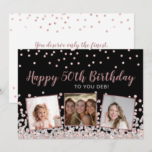 Rose Gold Silver Photo Collage 50th Birthday Card (Front/Back)