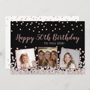 Rose Gold Silver Photo Collage 50th Birthday Card