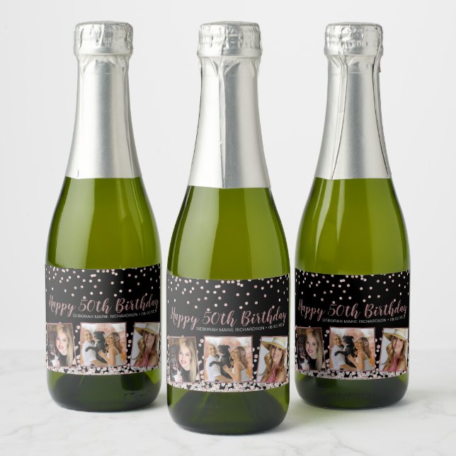 Rose Gold Silver Photo Collage 50th Birthday Sparkling Wine Label (Bottles)