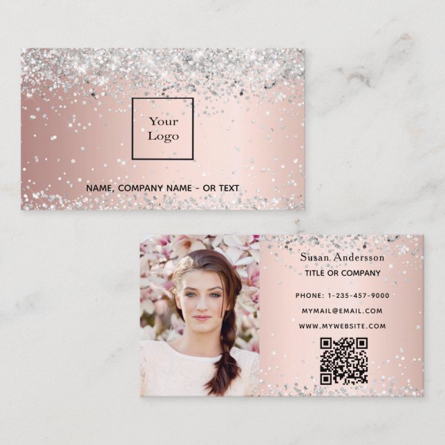 Rose gold silver photo QR code Business Card (Front/Back)
