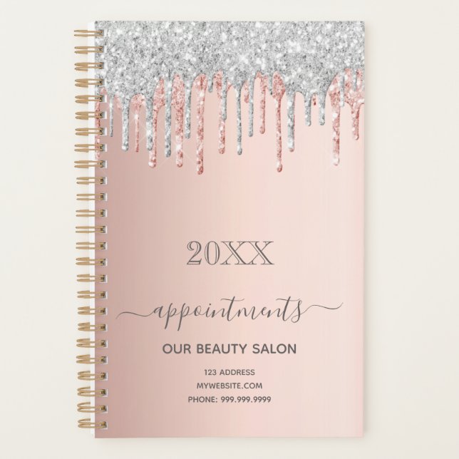 Rose gold silver pink drips salon appointments planner (Front)