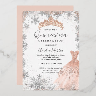 Rose Gold Silver Snowflake Winter Quinceanera  Foil Invitation