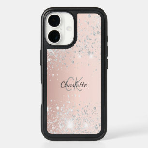 Rose gold silver sparkles pink monogram name iPhone 16 case