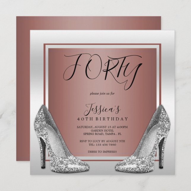 Rose Gold & Silver Stilettos 40th Birthday Invitation (Front/Back)