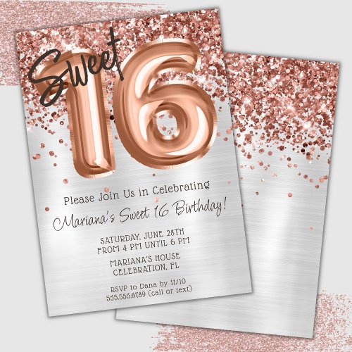 Rose Gold Silver Sweet 16 Birthday Party Invitation