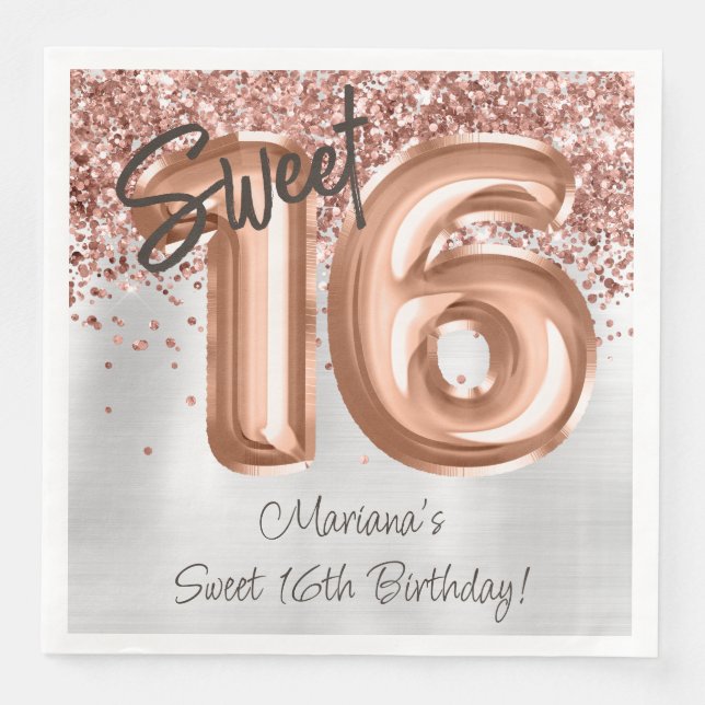  Rose Gold Silver Sweet 16th Birthday Party Paper Dinner Napkins (Front)
