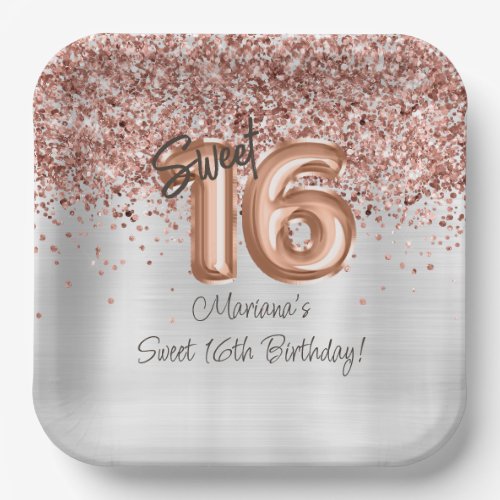  Rose Gold Silver Sweet 16th Birthday Party Paper Plates