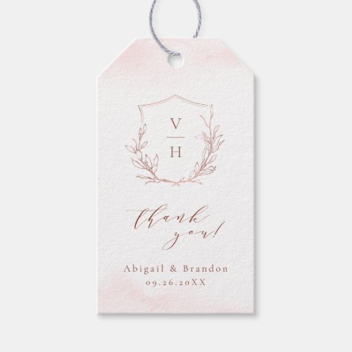 Rose gold simple botanical crest monogram wedding gift tags