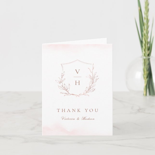 Rose gold simple botanical crest monogram wedding letterpress thank you card (Front)