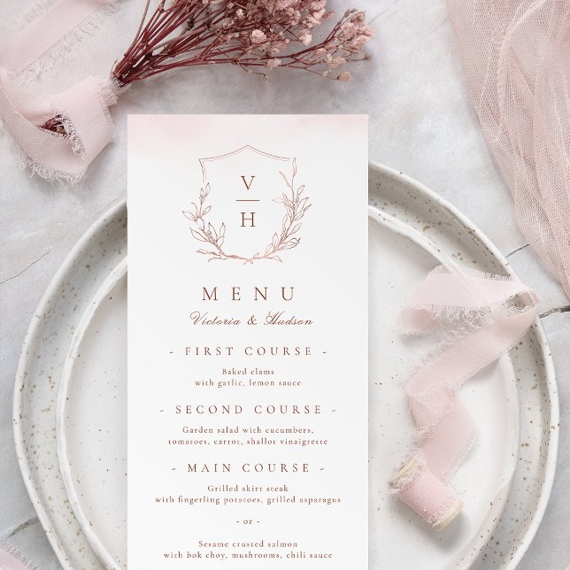 Rose gold simple botanical crest monogram wedding menu (Rose gold simple botanical crest monogram wedding menu)