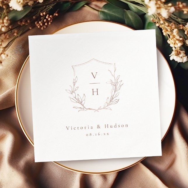 Rose gold simple botanical crest monogram wedding napkins (Rose gold simple botanical crest monogram wedding napkins)