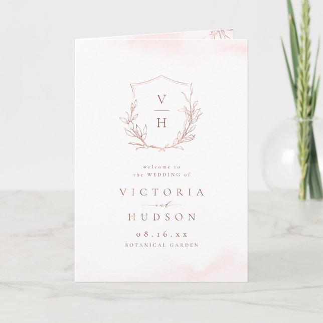 Rose gold simple botanical crest monogram wedding program (Front)