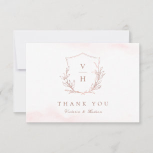 Rose gold simple botanical crest monogram wedding thank you card