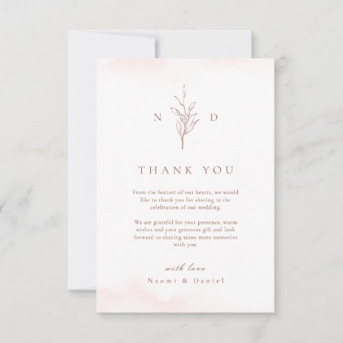 Rose gold simple botanical leaves monogram wedding thank you card