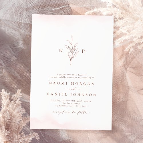 Rose gold simple botanical monogram rustic wedding invitation