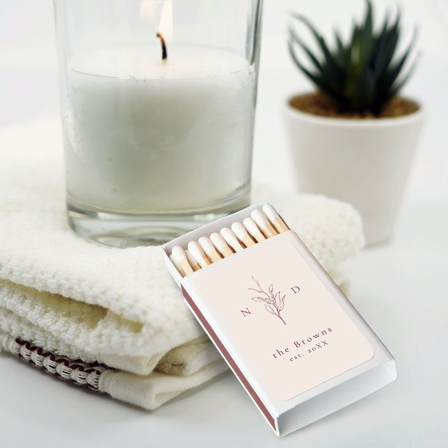 Rose gold simple botanical monogram wedding matchboxes (Rose gold simple botanical monogram wedding matchboxes)