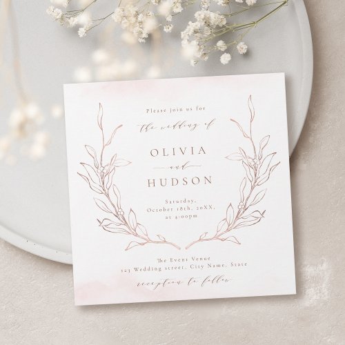 Rose gold simple botanical wreath rustic wedding invitation