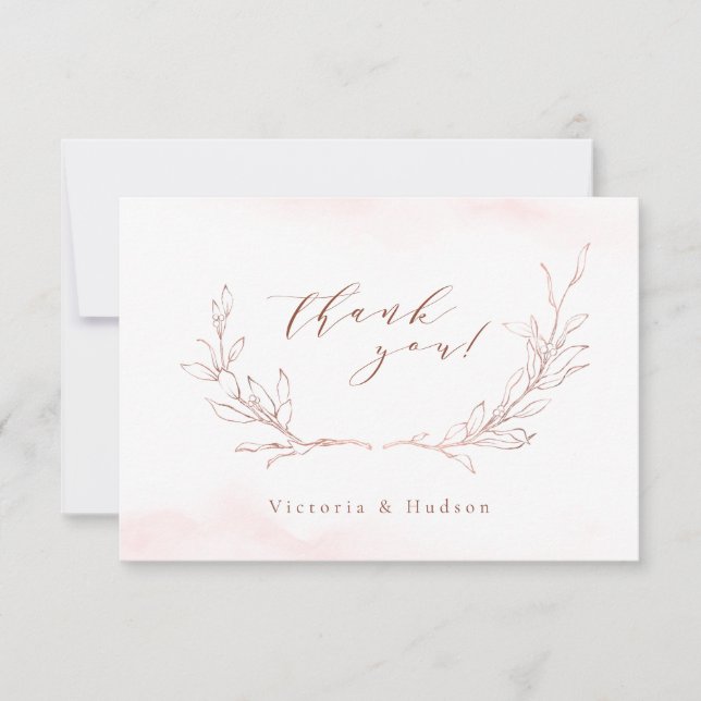 Rose gold simple botanical wreath wedding thank you card (Front)
