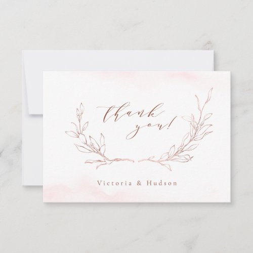 Rose gold simple botanical wreath wedding thank you card