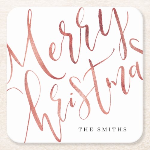 Rose Gold Simple Calligraphy Merry Christmas Square Paper Coaster