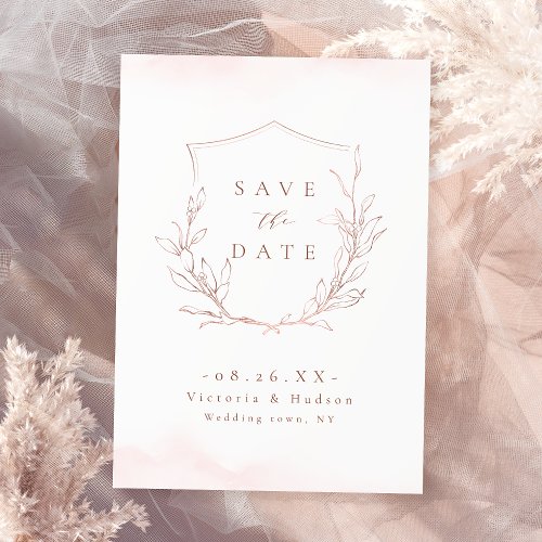 Rose gold simple elegance botanical crest wedding save the date