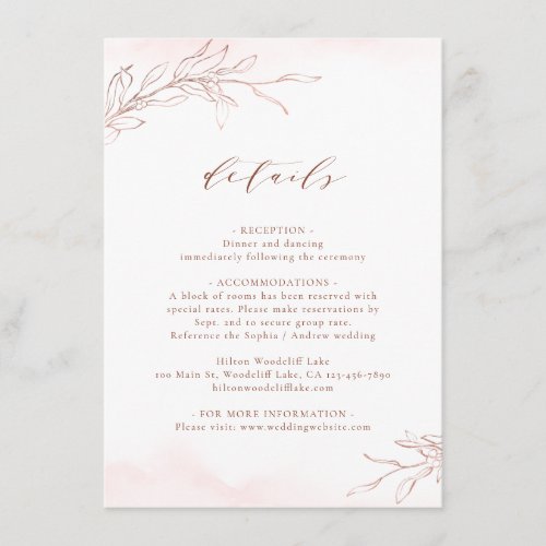 Rose gold simple elegant botanical wedding details enclosure card