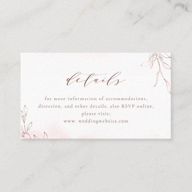 Rose gold simple elegant botanical wedding details place card (Front)