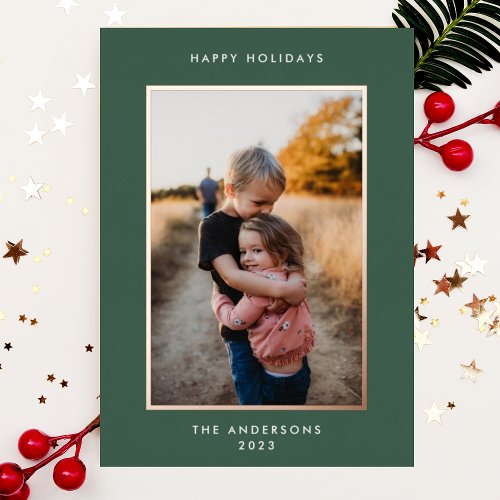 Rose Gold Simple Elegant Christmas Border Photo Foil Holiday Card