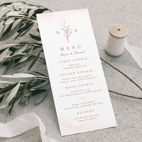 Rose gold simple elegant leaves monogram wedding menu