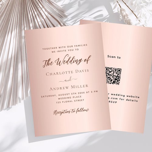 Rose gold simple elegant QR code RSVP wedding Invitation