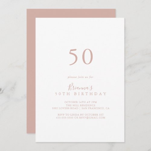 Rose Gold Simple Minimalist 50th Birthday Party  Invitation