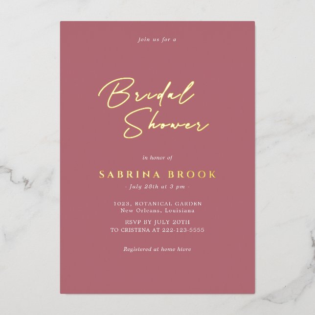 Rose Gold |  Simple Minimalist Bridal Shower  Foil Invitation (Front)