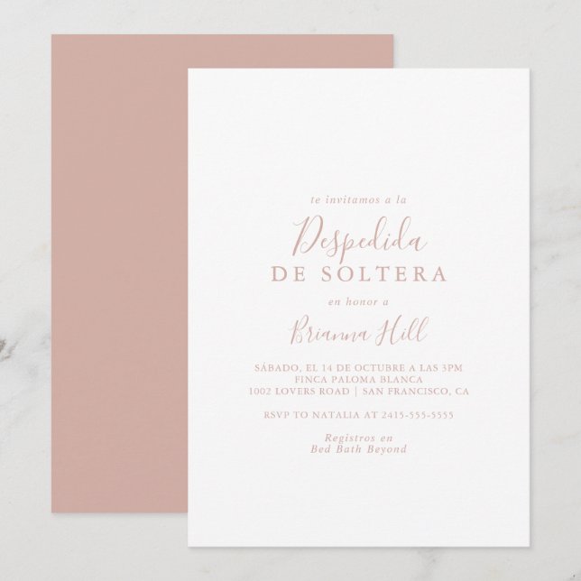 Rose Gold Simple Minimalist Spanish Bridal Shower  Invitation (Front/Back)