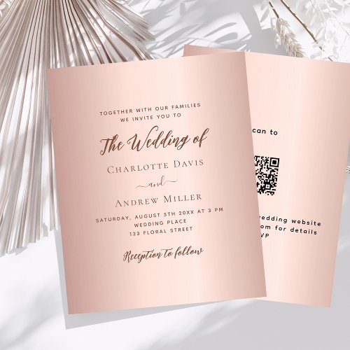 Rose gold simple QR code RSVP wedding invitation