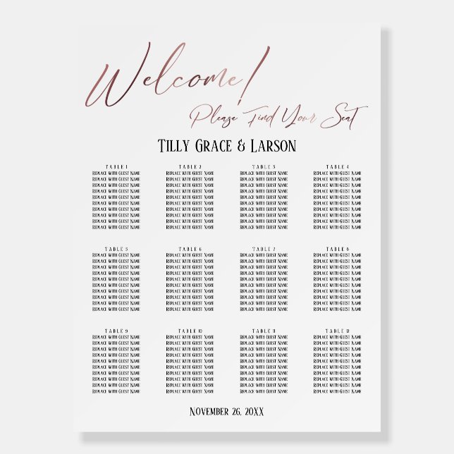 Rose Gold Simple Wedding Reception Seating Chart Foam Board (Front)