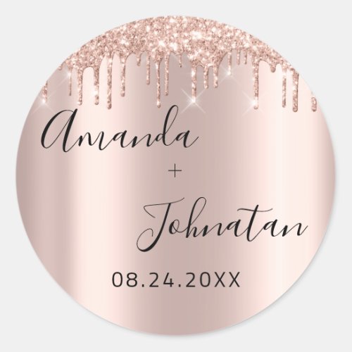 Rose Gold Simply Name Date Black Drips Classic Round Sticker