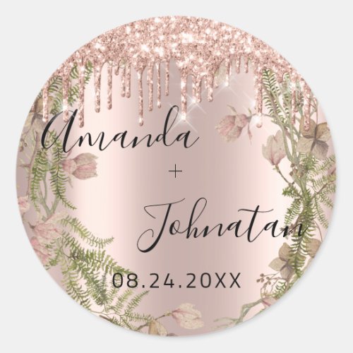 Rose Gold Simply Name Date Floral Drips Classic Round Sticker