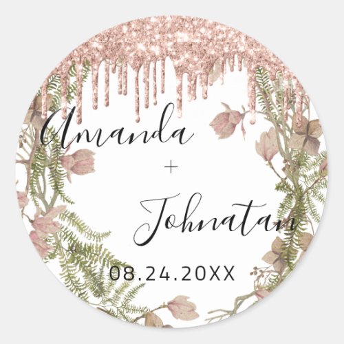 Rose Gold Simply Name Date Floral Drips White Classic Round Sticker