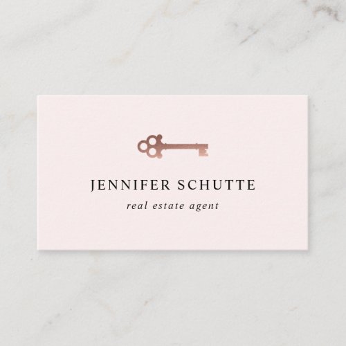 Rose Gold Skeleton Key Blush Real Estate Agent Business Card