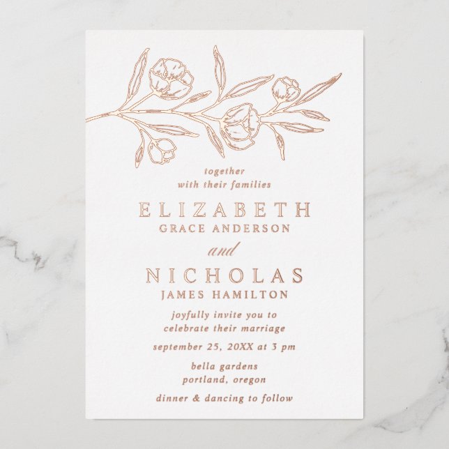 Rose Gold Sketched Floral Wedding Foil Invitation (Front)