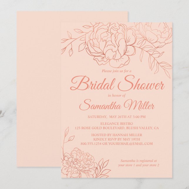 Rose Gold Sketched Flowers Bridal Shower Invitation (Front/Back)