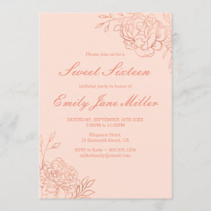 Rose Gold Sketched Flowers Pink Floral Sweet 16 Invitation