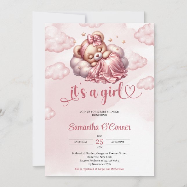 Rose gold sleep teddy bear It's a girl Baby Shower Invitation (Front)