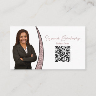 Rose Gold Sliver Faux Glitter Photo QR Chic Business Card