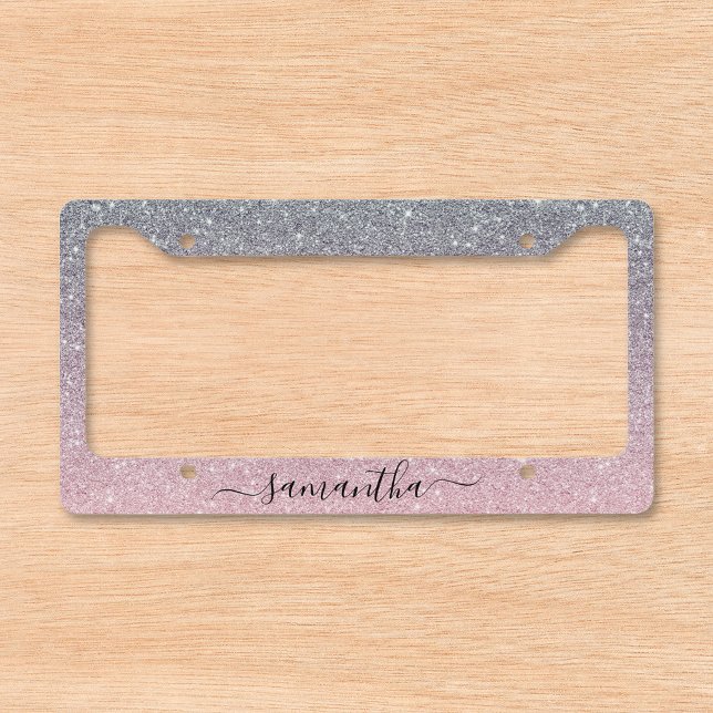 Rose Gold Sliver Ombre Faux glitter Handwritten  License Plate Frame (Creator Uploaded)